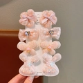 Pink 8-piece girls' hair clips set with ribbon bows, mesh flowers, and glitter rabbits - Korean Pink