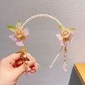 Elegante parel haarrand met roze bloemen, groene bladeren en gouden kwastjes - Vlinderrijm (15)