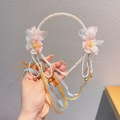 Hanfu-stijl hoofdband met roze stoffen bloemen, witte parels en gekleurde linten - Eeuwige Belofte (21)