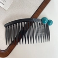 Black plastic hair side comb with two dark green bead decorations for women - 1-Blue