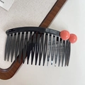 Elegant black resin hair comb featuring two coral pink round beads for Korean style updo - Caramel