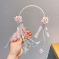 Roze bloemen parel hoofdband met lichtblauwe linten en kwastjes voor meisjes - Kersenbloesemsneeuw (23)