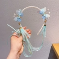 Elegante parelmoer haarband met lichtblauwe kanten vlinders en lange muntgroene zijden linten - Elegante Vlinder (19)