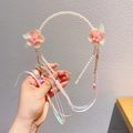 Zoete parelmoer hoofdband met roze bloemen en lange kwastjes met zijden linten - Wolkenfee (20)