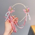 Roze vlinder parel haarband met bloem kwastjes en lange zijden linten voor meisjes - Roze Vlinder (18)