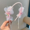 Roze bloem haarband met kunstmatige parels en lange kwastjes voor kostuums - Roze Bloem Parel Hoofdband (1)