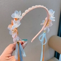 Roze haarband in antieke stijl met parels, kleurrijke bloemen en lange blauwe kwasten - Oranje Bloem Parel Hoofdband (2)