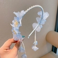Lichtblauwe haarband met witte parels en lange kwastjes voor meisjes - Orchidee Parel Hoofdband (3)