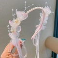 Roze haarband met lange linten, imitatieparels en bloemen voor meisjes - Drie Roze Bloemen Parel Hoofdband (5)