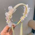 Roze en gele bloemen haarband met parels en lange vloeiende linten voor dames - Geel Bloem Parel Hoofdband (6)