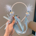 Blauwe bloem hoofdband met parels, veren en lange lintkwastjes voor meisjes - Blauw Strass & Wit Bont Hoofdband (9)