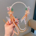 Klassieke parelhoofdband met oranje bloemen en lange gekleurde zijden linten - Oranje Bloem Vlinder Kwast (10)