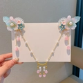 Pinzas para el pelo Hanfu de flores rosa y azul con perlas y borlas para niñas - Biyue-Flor Azul