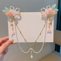 Set de pinzas para el pelo Hanfu rosa con flores y cadenas de perlas elegantes - Shuangqiao-Flor de Resina Rosa