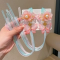 Coppia di fermagli Hanfu con fiori rosa, perle e nastri lunghi in organza sfumata - 3-Rosa Qingwan