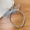 Light blue lace headband for girls with silver rhinestone crown and mesh bow detail - Blue Crown
