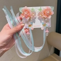 Barrettes Hanfu traditionnelles avec fleurs dégradées roses, perles et longs glands bleus - 13-Shimiao Rose Bleu