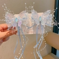 Holographic butterfly hair clips with blue rhinestones, lace, and pearl tassels - 2-blue Mesh Butterfly