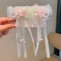 Pink and mint green organza butterfly hair clips with floral tassels and pearls - Pink Pearl Single Chain
