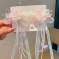 Pair of pink and mint green floral hair clips with long tassels and butterfly details - 13-pale Pink Flowers With Green Ribbons