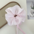 Pink lace scrunchie with ribbons featuring elegant ruffled design and long tassels - Pink Scrunchie with Ribbon Tassel / Pink