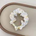 Sweet white satin scrunchie with blue and yellow polka dots and green buckle accent - Yellow Scrunchie