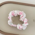 Floral print scrunchie in white silky fabric with pink and green patterns - Rose Red Hair Ties