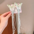 Pinzas de pelo de mariposa Hanfu con borlas largas verdes y perlas para niñas - Verde