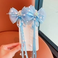 Blue butterfly hair clip with sheer veil ribbons and pearl tassels for kids - Heart Rhinestone Pearl Streamer