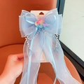 Blue mermaid butterfly hair clip with sheer gauze ribbons and dangling pearl chains - Large Mermaid Bow Hair Clip