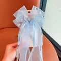 Light blue lace butterfly hair clip with pearlescent ribbons and heart gemstone - Snowflake Sequin Large Bow Clip