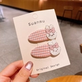 Pink checkered hair clips for girls with cute white rabbit embroidery two piece set - Plaid Bunny