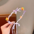Lavender plaid headband with pearl chain, carrot resin charm and long ribbon bow - Carrot / Purple