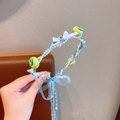 Light blue plaid headband with sweet bow, green apple charms and sheer tulle ribbons - Green Apple / Blue