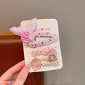 Pink cartoon hair clip set with sequin mermaid tail, beaded bow, and pearl heart - Pink Mermaid Style