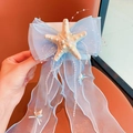 Blaue Haarschleife im Meeres-Stil mit Seestern, Perlenfransen und Muscheln - Große Seestern Perle Schleife Clip