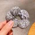 Floral cotton flower hair scrunchie in beige with a small purple ribbon bow detail - Purple Floral
