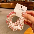 Sweet red polka dot fabric hair scrunchie with white lace trim and plaid ribbon detail - White Ink Bow Scrunchie