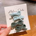 Set of four plush bow hair clips in light blue and dark green for girls and women - Green Series