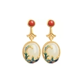 Boucles d'oreilles vintage en argent et jade Hetian avec perles rouges et émail - Style Fleur Jade Hetian / Doré