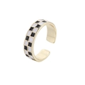 Fashionable checkered pattern open ring with black and white enamel and gold finish - Adjustable Open / Black & White Checkerboard