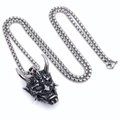 Hannya mask pendant necklace in distressed titanium steel with round box chain - Silver Horn Pendant with 60CM Chain