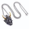 Macro detail of retro punk demon skull pendant with golden horns and steel chain - Gold Horn Pendant with 60CM Chain