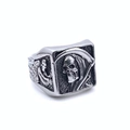 Detailed relief of Grim Reaper and winged skull on vintage gothic stainless steel ring - US 8 / Grim Reaper Skeleton