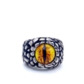 Macro detail of vintage dragon eye ring showing textured steel scales and tiger eye stone - US 8 / Yellow Eye