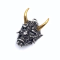 Detailed macro view of Hannya skull pendant with gold horns and antique silver finish - Gold Horn Pendant Only (Without Chain)