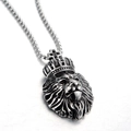 Collana con ciondolo testa di leone retrò con corona e zirconi neri in argento antico - Solo Ciondolo (Senza Catena)