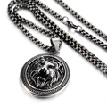 Macro shot of silver stainless steel lion pendant with bold box chain texture - Lion Head Round Pendant With 70cm Gunmetal Chain