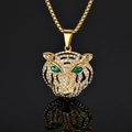 Gold-plated tiger head pendant necklace with white zircons and green gemstone eyes - Single Pendant Gold