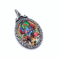 Vintage titanium steel necklace featuring a colorful Thangka Buddhist deity pendant - Green Wealth God